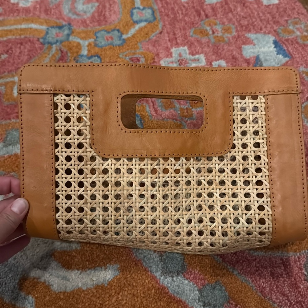 lusana maria tan top handle leather & rattan handbag summer clutch purse new